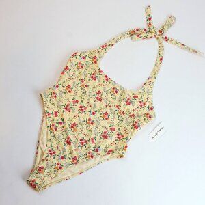 Amor y Besos Penelope Yellow Floral Halter One Piece Cheeky Swimsuit Pacsun - M
